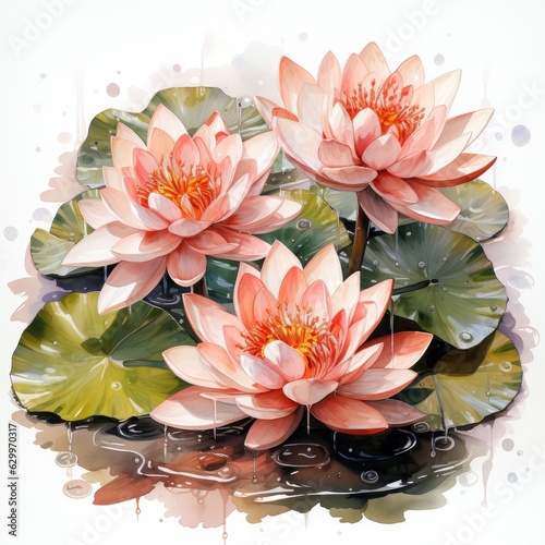Watercolor Clipart on White Background Lily Pad with Pink Water Lotus Flower