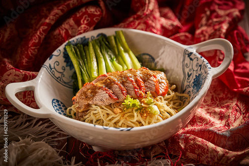 Traditional Chinese Wonton Noodles with Sliced Peking Duck