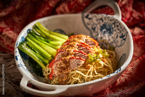 Traditional Chinese Wonton Noodles with Sliced Peking Duck