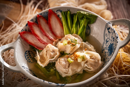 Traditional Thai Noodles with Red Pork and Wonton
