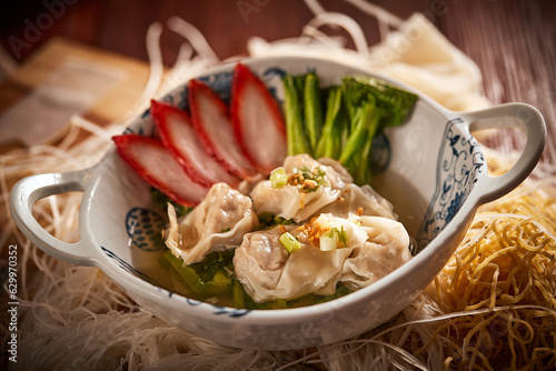 Traditional Thai Noodles with Red Pork and Wonton