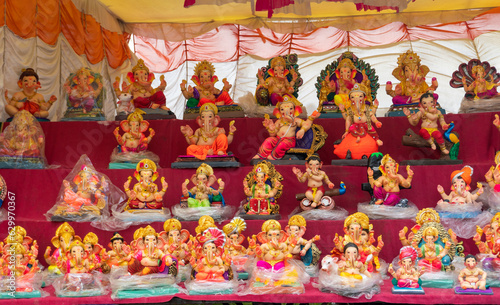 Indian Hindu God Lord Ganesha Statues, Coated with colors and sold for Ganesh Chathurthi © Raksha