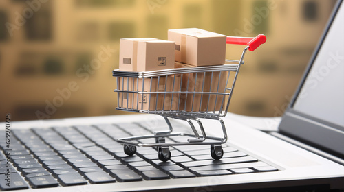 .Trolley boxes atop a laptop keyboard. Insights on e-commerce, a mode of digital trade enabling customers to purchase goods directly from online sellers over the internet.