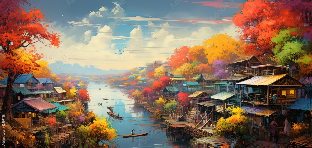 painting style illustration Souteast Asian, Thai style ancient vintage town beside river at sunset time, Generative Ai