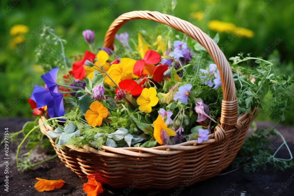 basket of colorful wild edible flowers
