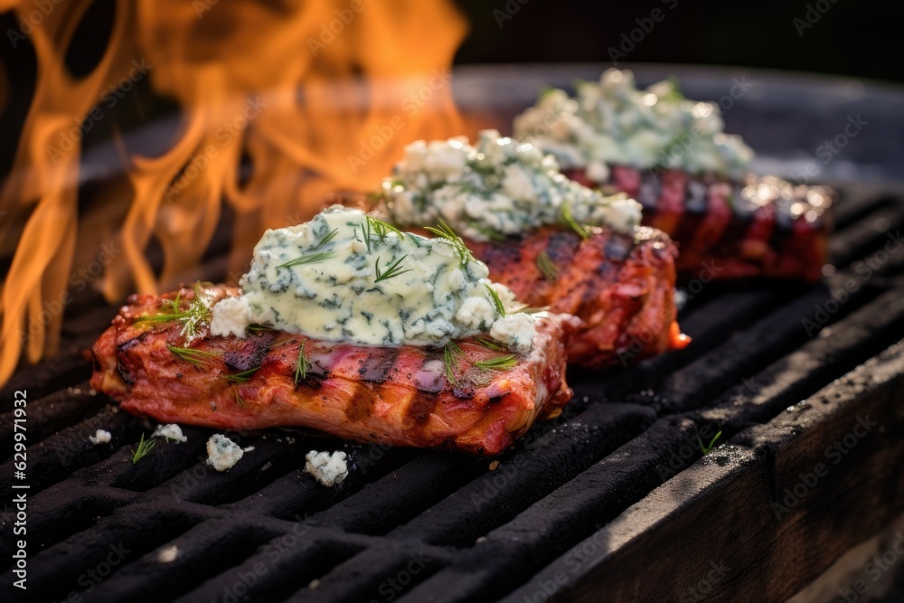 cedar plank on grill with melted blue cheese and sauce cedar plank on grill with melted blue cheese and sauce