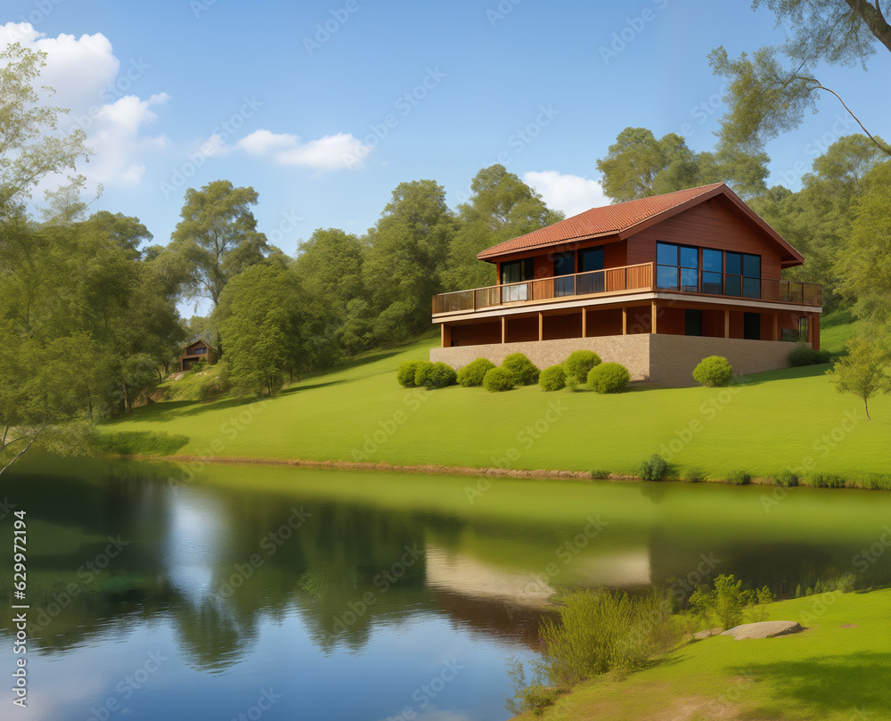 Obraz premium Beautiful wooden house near the river, generative ai. Beautiful natural landscape