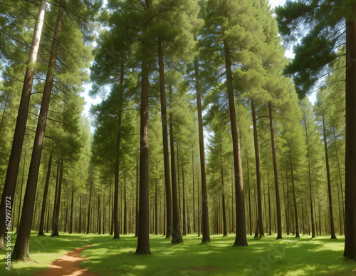 Pine tree forest, generative ai. Beautiful forest on a summers day