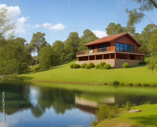 Beautiful wooden house near the river, generative ai. Beautiful natural landscape