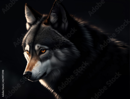 Portrait of adult wolf on dark background, generative ai. Hunter in the woods at midnight