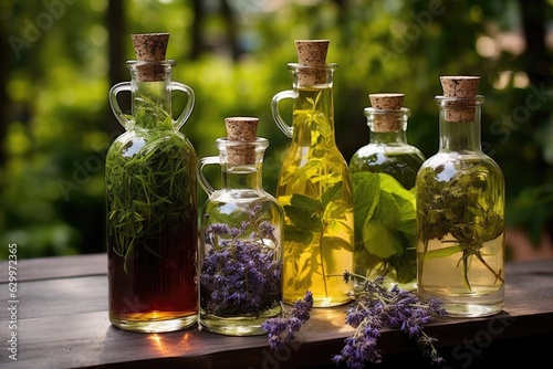 herb-infused oil bottles with fresh plants