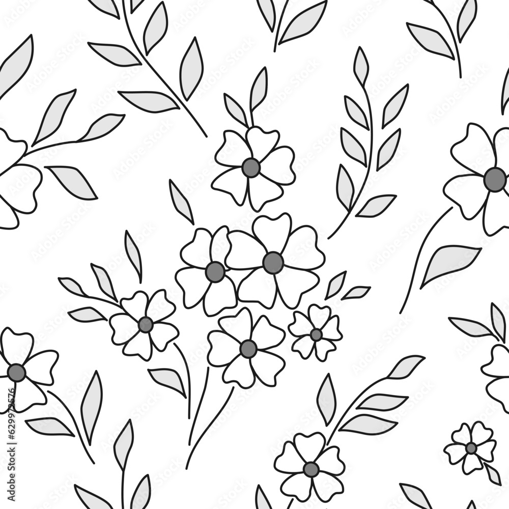 Wild flowers in ethnic style seamless pattern. Folk floral print background pattern. Hand drawing vector illustration. Graphic design of spring flowers. Monochrome black and white design. Wild flowers in ethnic style seamless pattern. Folk floral print background pattern. Hand drawing vector illustration. Graphic design of spring flowers. Monochrome black and white design.