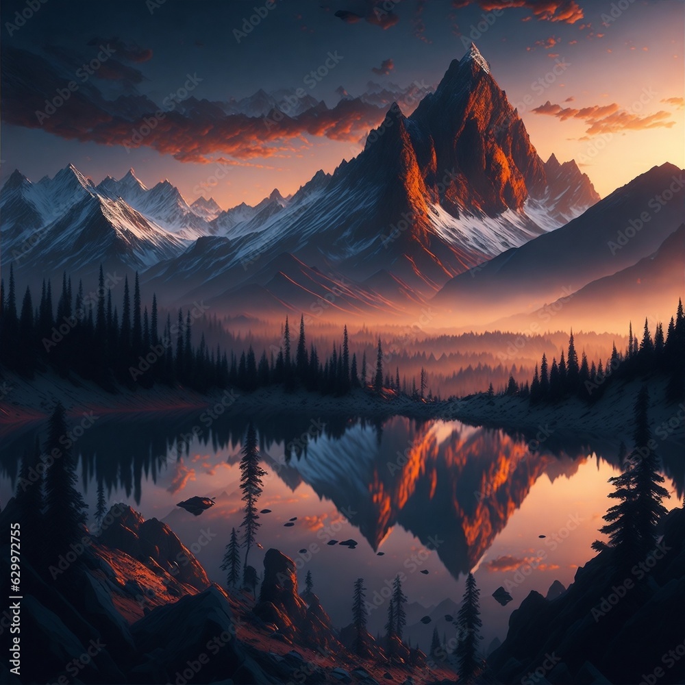 AI-Created Serene Sunrise Over Majestic Mountains 