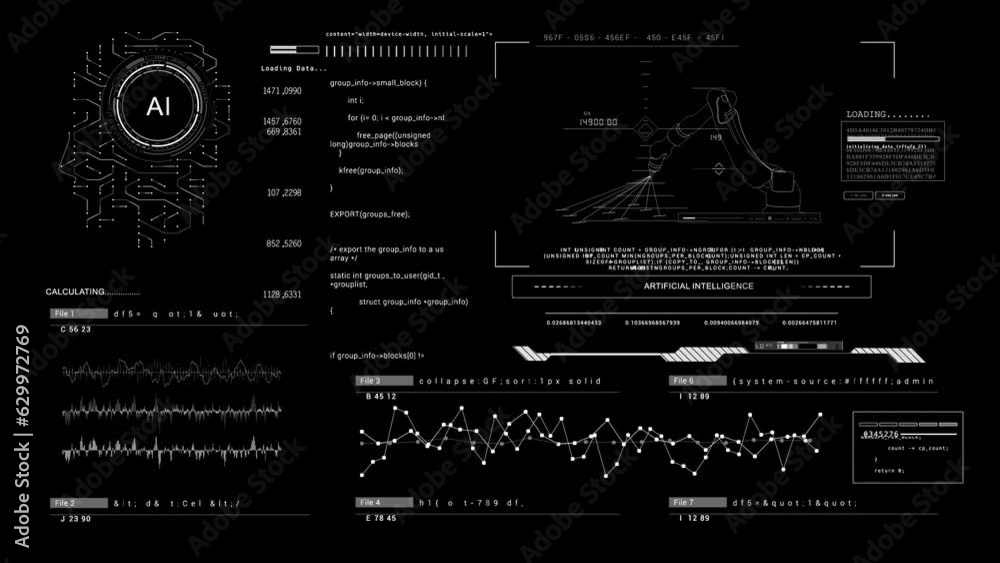 Technological UI HUD with Robotic animation with AI Artificial intelligence. Robotics concept. Human head. Sci Fi futuristic animation. 