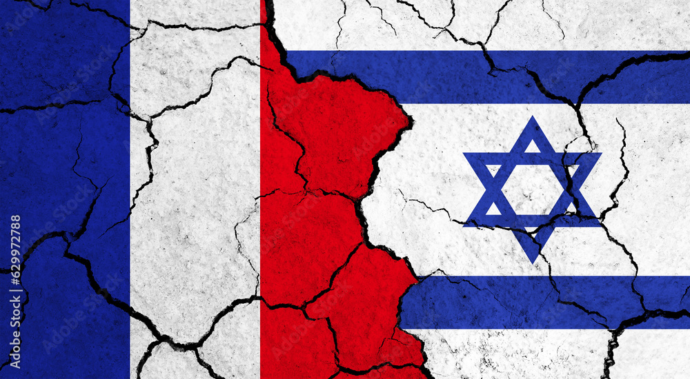 Flags of France and Israel on cracked surface - politics, relationship concept Flags of France and Israel on cracked surface - politics, relationship concept