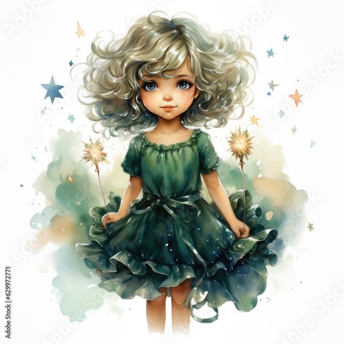 Watercolor Princess with a Green Dress with Glittering Stars