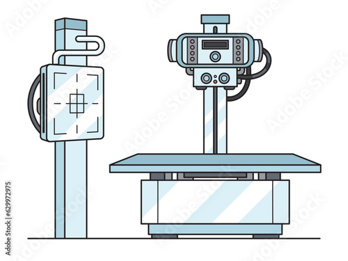 Projectional radiography x-ray medical machine diagram schematic vector illustration. Medical science educational illustration