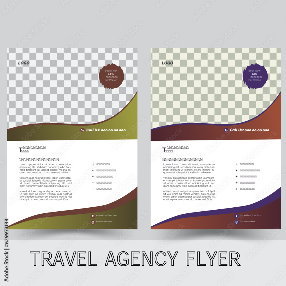 Travel agency flyer of a bundle of 2 templates of different colors a4 flyer template design set. 
