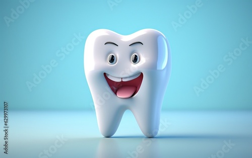 3D Cartoon Tooth on Blue Background - Dental Treatment. Generative Ai