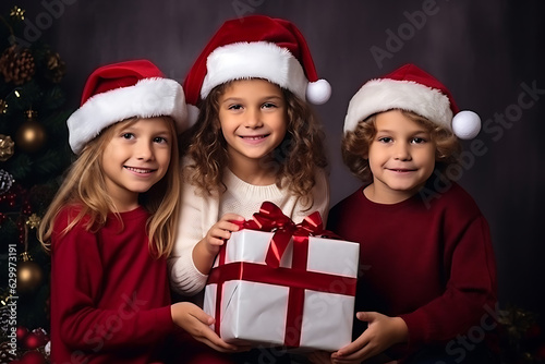 children wearing red santa hats sharing a gift box smiling hapily