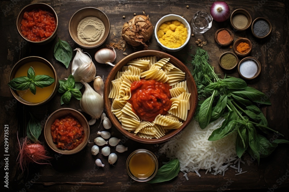 top view of ingredients for pasta sauce arranged on a table top view of ingredients for pasta sauce arranged on a table