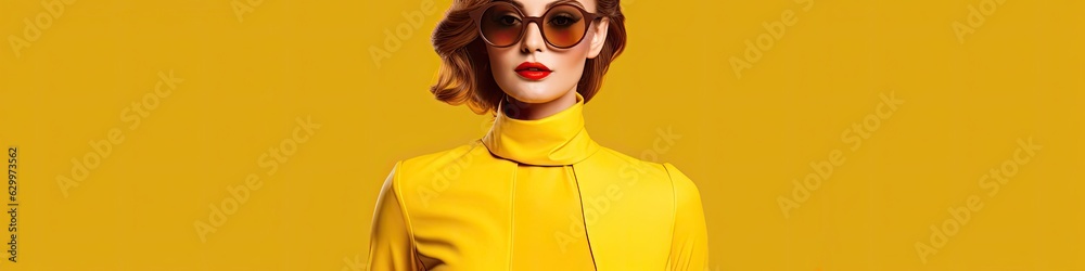 White Woman Yellow Fashion Clothing Background With Copyspace Generative AI White Woman Yellow Fashion Clothing Background With Copyspace Generative AI