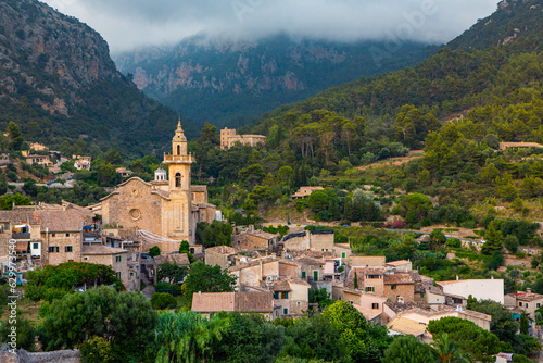 View of a medieval street of the picturesque Spanish-style village Valdemossa in Majorca or Mallorca island, Spain.