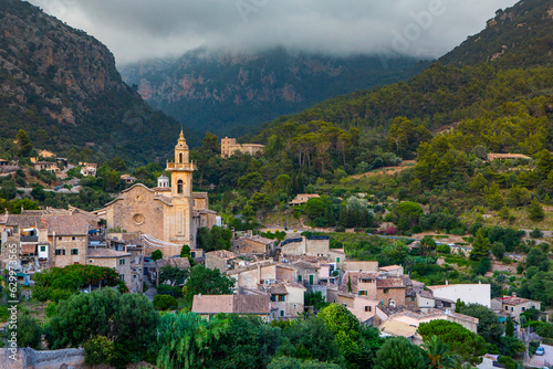 View of a medieval street of the picturesque Spanish-style village Valdemossa in Majorca or Mallorca island, Spain.