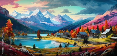 painting style illustration of hill top village with beautiful nature landscape of snow mountain and lak, Generative ai