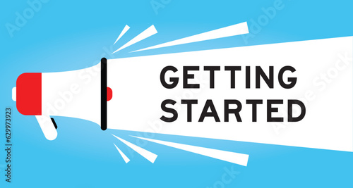 Color megaphone icon with word getting started in white banner on blue background