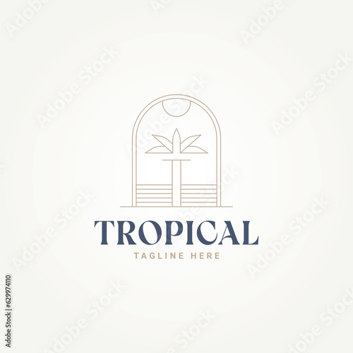 minimalist elegant tropical palm tree badge line art icon logo template vector illustration design. simple modern travelers, vacationers, nature lovers, and resorts logo concept