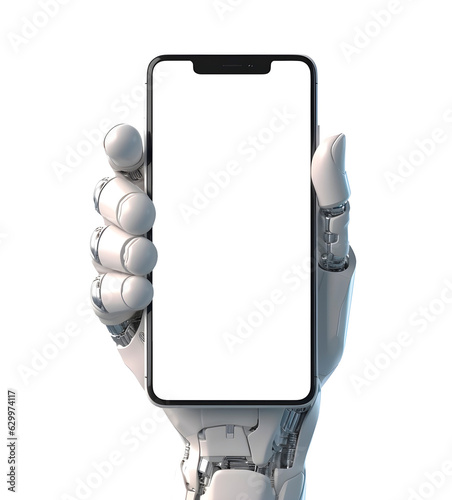 Robot Hand holding Smart Phone with blank screen, on white background, artificial intelligence concept, realistic illustration, generative ai
