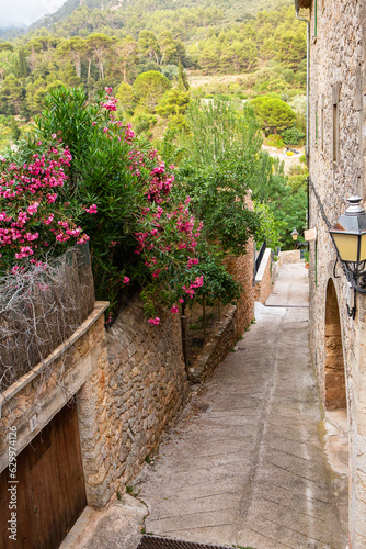 Fototapeta Naklejka Na Ścianę i Meble -  View of a medieval street of the picturesque Spanish-style village Valdemossa in Majorca or Mallorca island, Spain.
