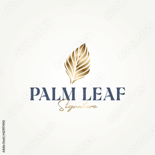 minimalist luxurious palm leaf logo template vector illustration design. simple modern resorts, spa retreats, luxury travel agencies logo concept