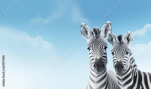 Two zebras embracing.A serene moment in a Zebra herd as two family members rest their heads on each other. striped cape donkey in the blue sky with copy space