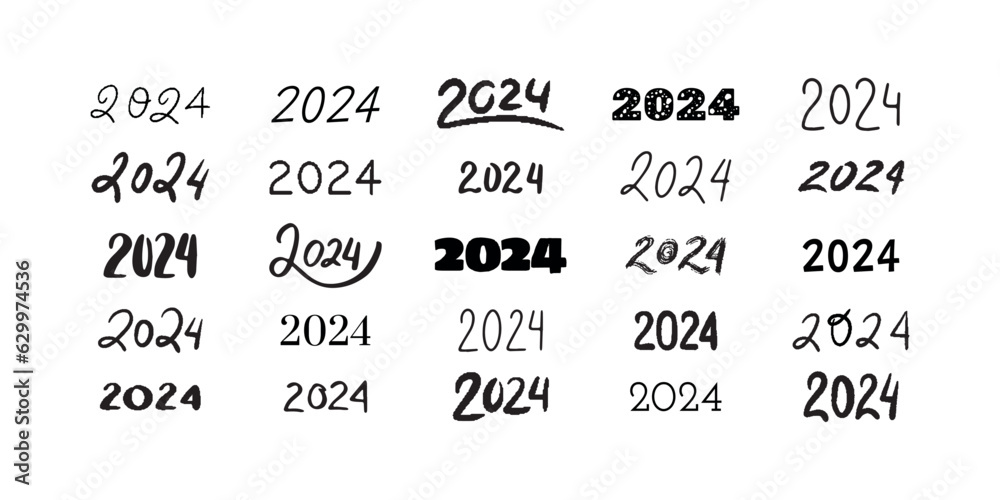 2024 lettering collection. Set of 2024 Happy New Year hand drawn symbols. Number template, logo, poster, greeting card design.