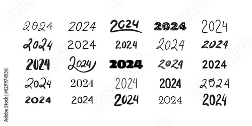 2024 lettering collection. Set of 2024 Happy New Year hand drawn symbols. Number template, logo, poster, greeting card design.