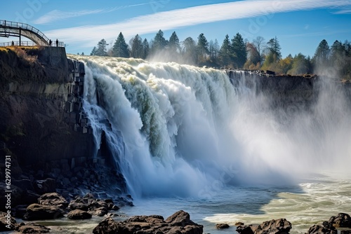 Majestic Willamette Falls: Discovering the Beauty of a Scenic Waterfall amidst a Picturesque Landscape with Misty Waters and Blue Skies. Generative AI