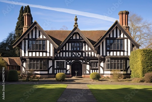 Large Tudor House in Britain: A Stunning Exterior of a British Home with Beam Architecture. Generative AI