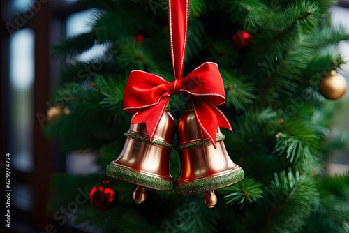 Ringing in Christmas Cheer with Red Bow and Bells Decoration for Christmas Tree. Generative AI