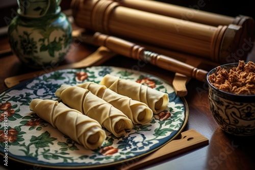 handmade dumpling wrappers with rolling pin nearby