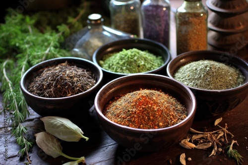 spices and herbs in small bowls  ready for mixing