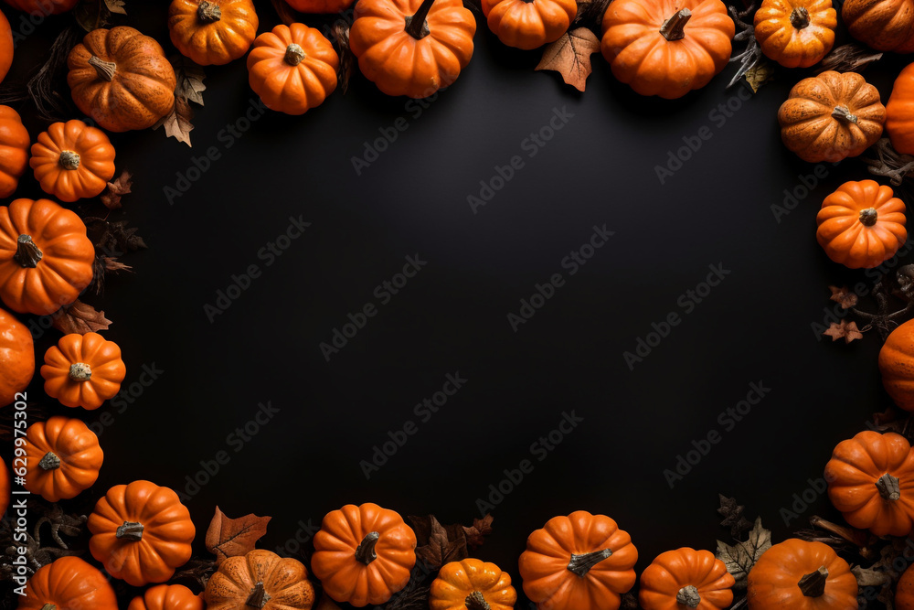 Background with a frame at the edges made out of halloween pumpkins Background with a frame at the edges made out of halloween pumpkins