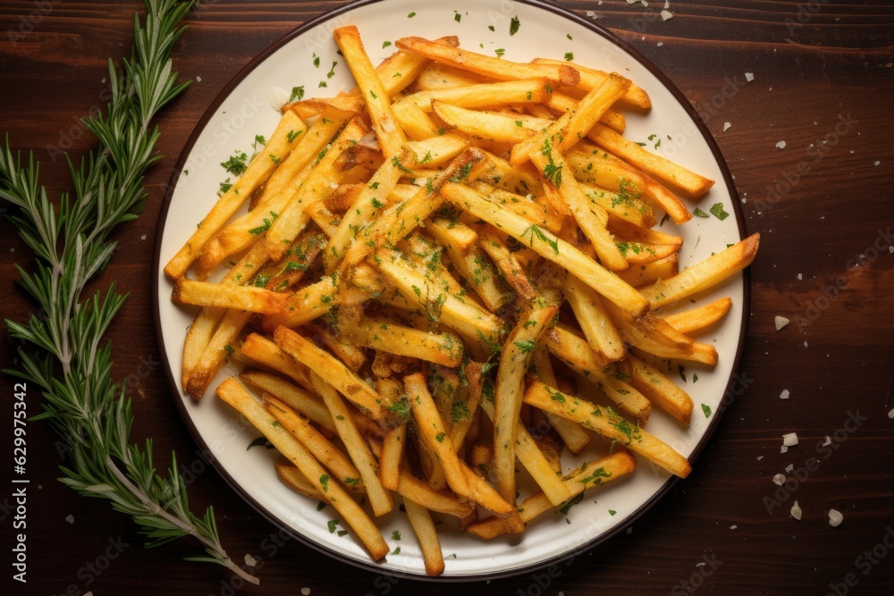 overhead view of fresh french fries on a plate overhead view of fresh french fries on a plate