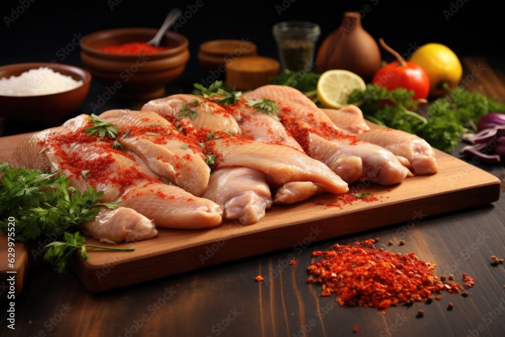 fresh raw chicken pieces marinated in spices on a board