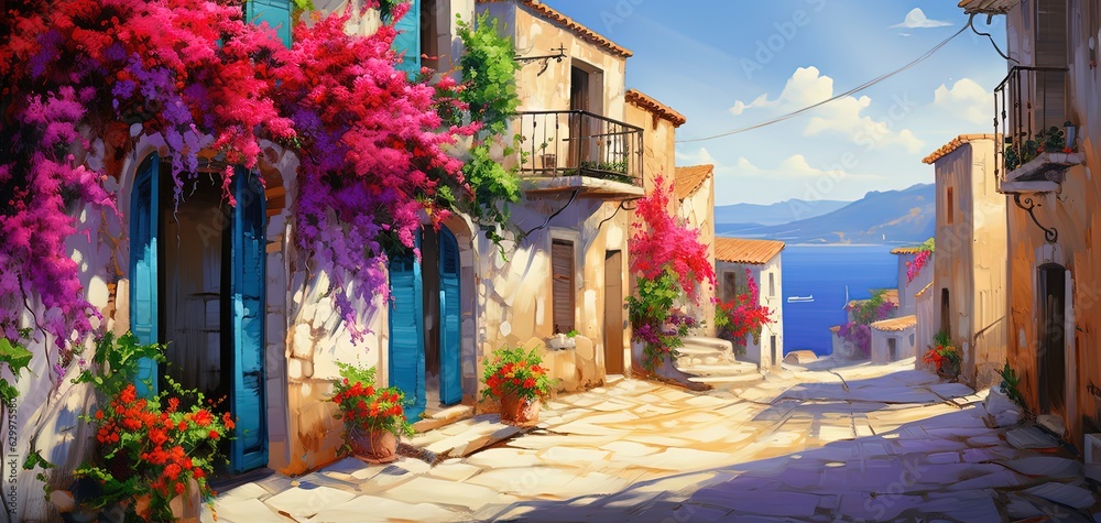 painting style illustration of beautiful hill top village house with pink  flower blossoming, Generative Ai