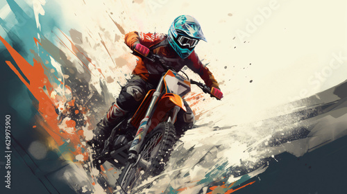 Fiery Trails: A Dynamic Generative AI Artwork Showcasing a Motocross Rider Blazing Through with Stunning Splash Art Elements