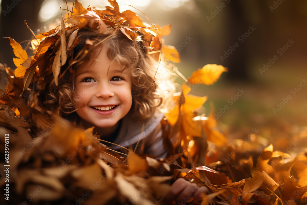 Photograph of a close-up of a kid playing in autumn leaves in a park, beautiful bokeh