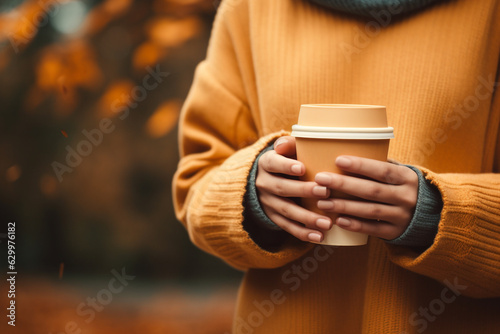 Photograph of a close-up of female hands holding a to go coffee cup with autumn clothes, beautiful bokeh