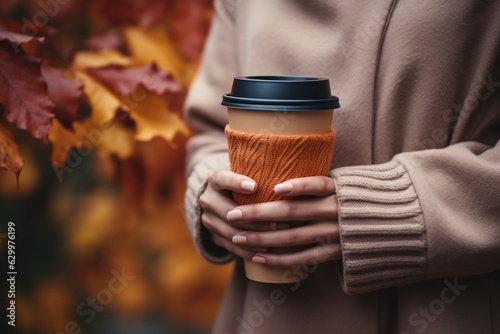 Photograph of a close-up of female hands holding a to go coffee cup with autumn clothes, beautiful bokeh